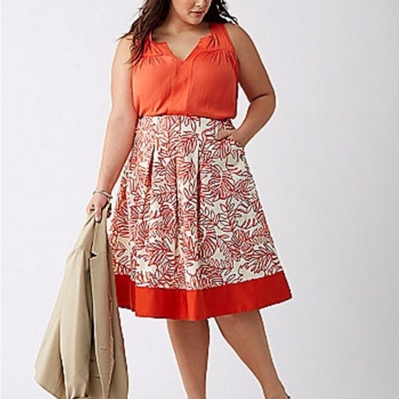 Lane Bryant Dark Orange Cream White Tropical Print Skirt olorblock Hem Plus 22 - Picture 2 of 13